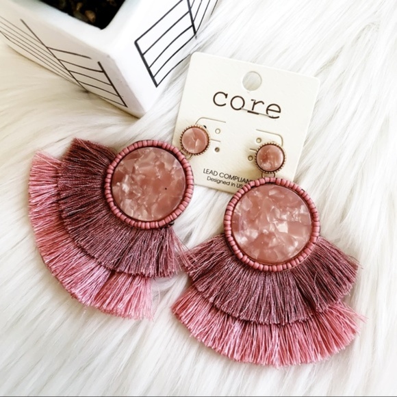Pink Tassel Earrings Round Acrylic - Picture 2 of 5